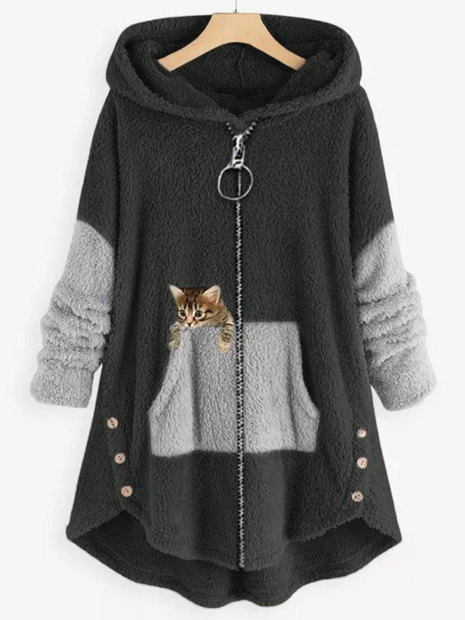 Women Color Block Fluff/Granular Fleece Fabric Cat Zipper Hooded Coat