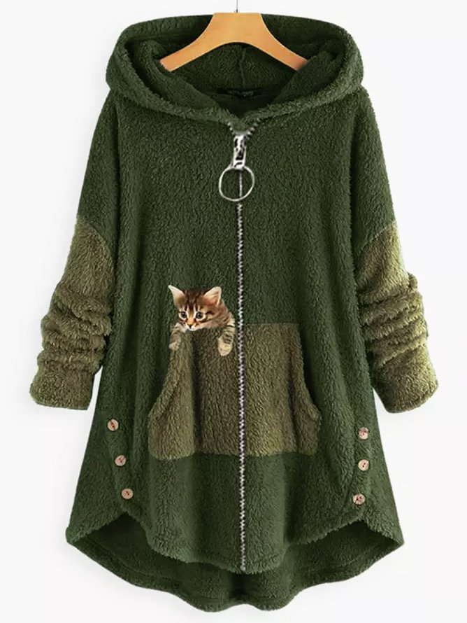 Women Color Block Fluff/Granular Fleece Fabric Cat Zipper Hooded Coat