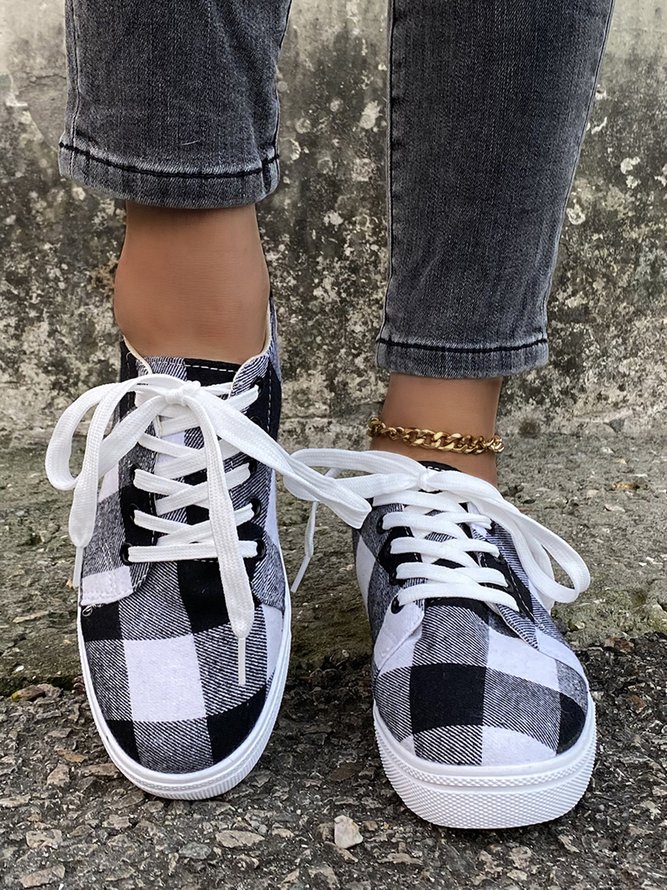 Christmas Red Plaid Black And White Plaid Leopard Casual Flat Shoes