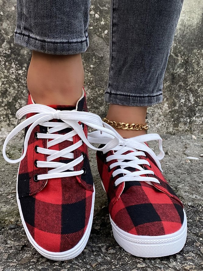 Christmas Red Plaid Black And White Plaid Leopard Casual Flat Shoes