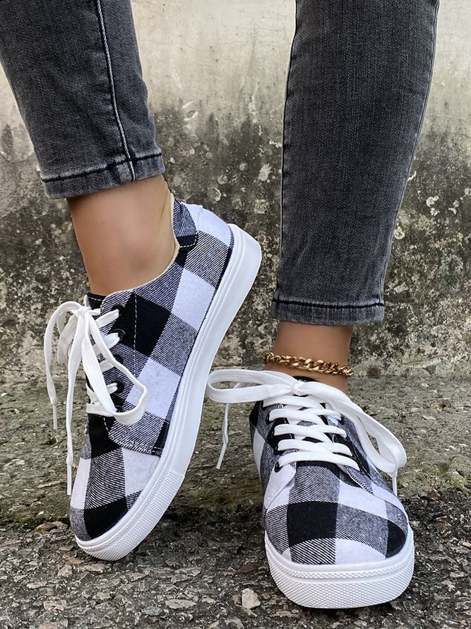 Christmas Red Plaid Black And White Plaid Leopard Casual Flat Shoes