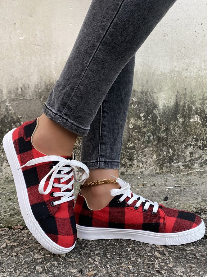 Christmas Red Plaid Black And White Plaid Leopard Casual Flat Shoes