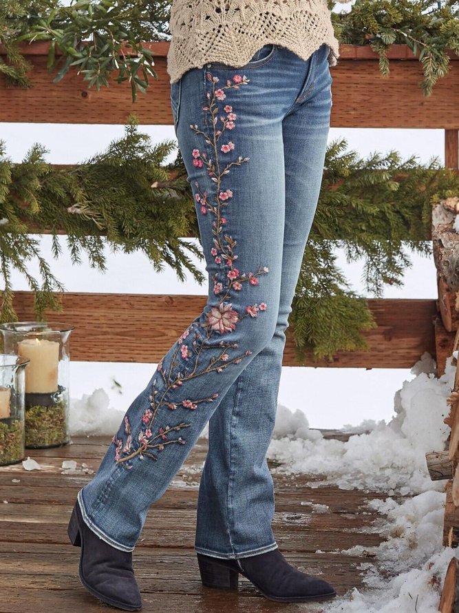 Casual Floral Denim Jeans