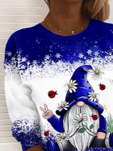 Women Christmas Funny Santa Claus Crew Neck Plain Blue Sweatshirt