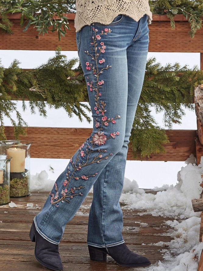 Casual Floral Denim Jeans