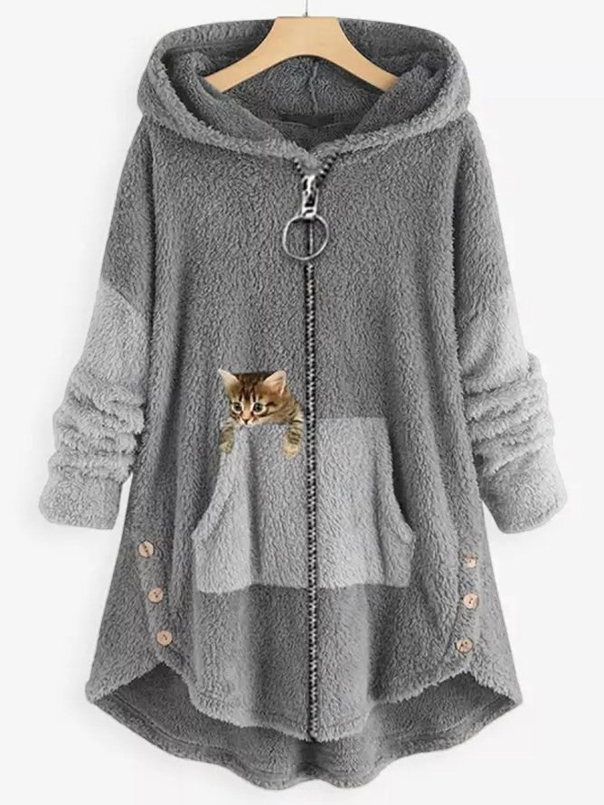 Women Color Block Fluff/Granular Fleece Fabric Cat Zipper Hooded Coat