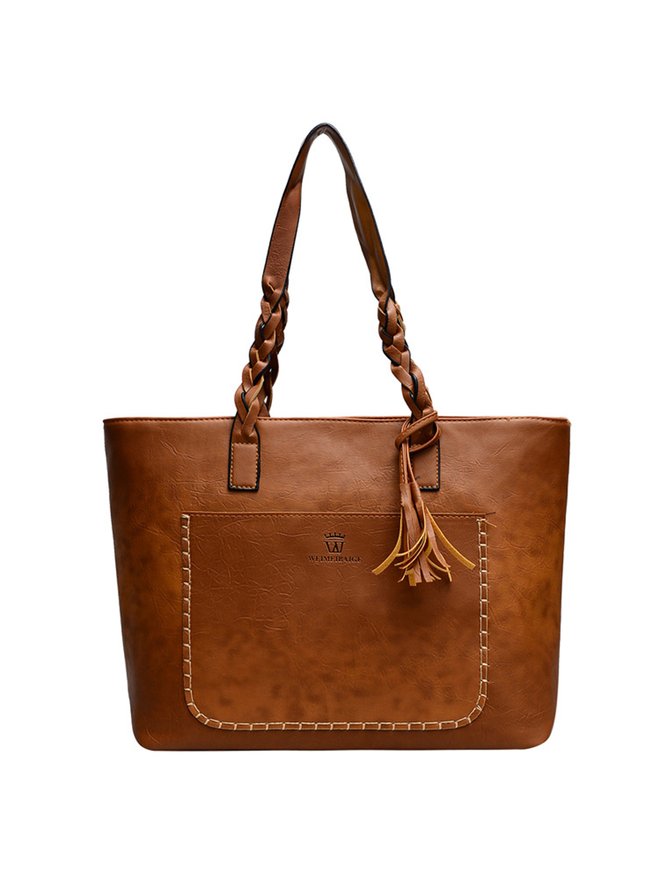 Vintage Oil Waxed Leather Fringe Zip Shoulder Bag Tote Bag