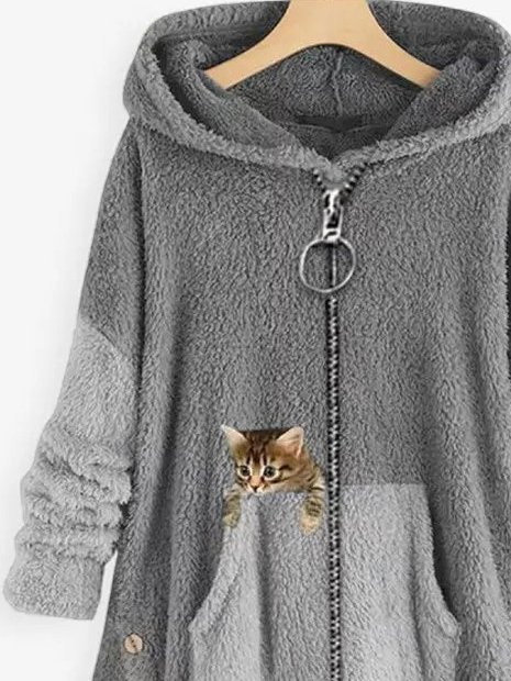 Women Color Block Fluff/Granular Fleece Fabric Cat Zipper Hooded Coat