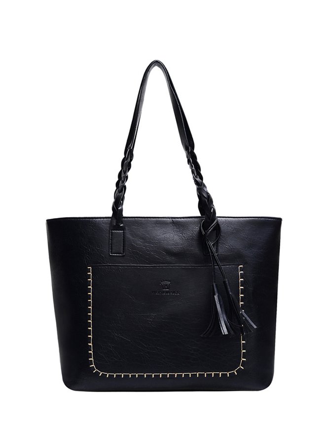 Vintage Oil Waxed Leather Fringe Zip Shoulder Bag Tote Bag