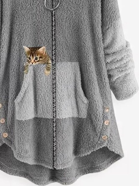 Women Color Block Fluff/Granular Fleece Fabric Cat Zipper Hooded Coat