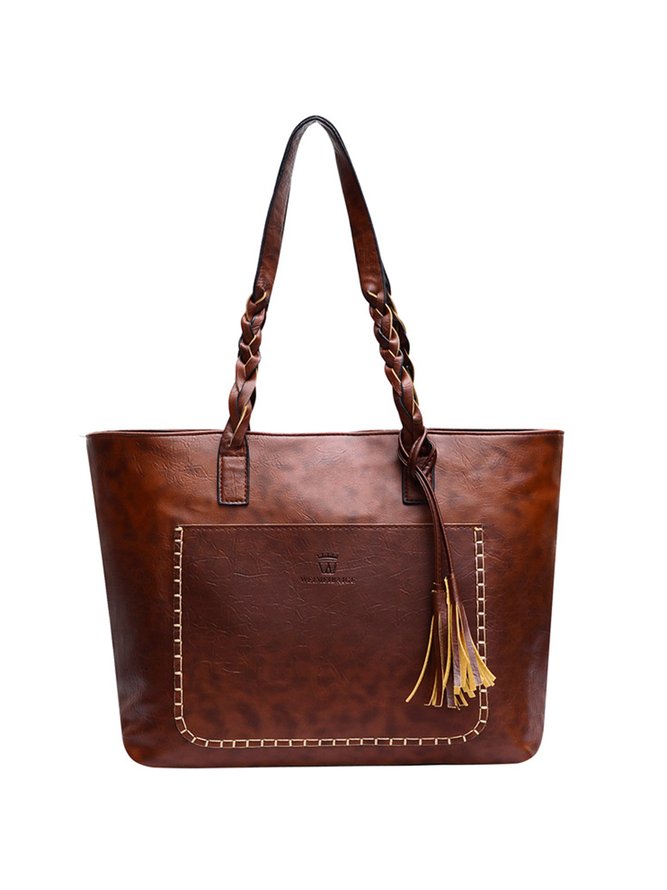 Vintage Oil Waxed Leather Fringe Zip Shoulder Bag Tote Bag