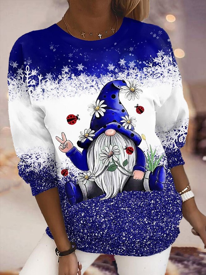 Women Christmas Funny Santa Claus Crew Neck Plain Blue Sweatshirt
