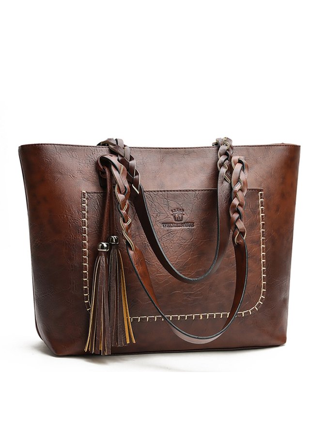 Vintage Oil Waxed Leather Fringe Zip Shoulder Bag Tote Bag
