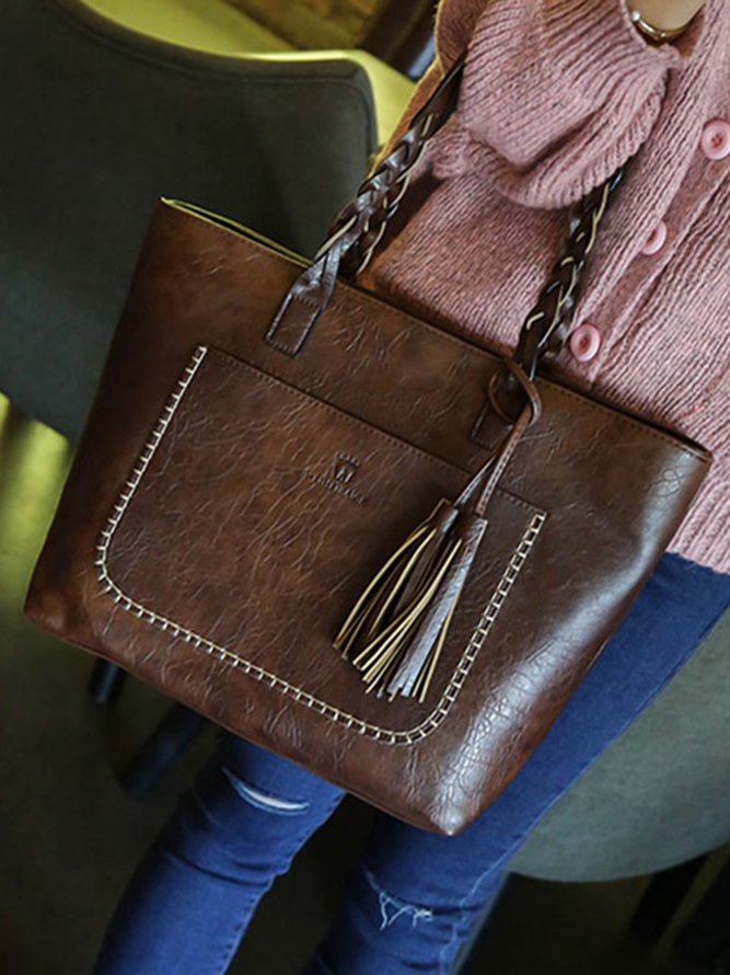 Vintage Oil Waxed Leather Fringe Zip Shoulder Bag Tote Bag