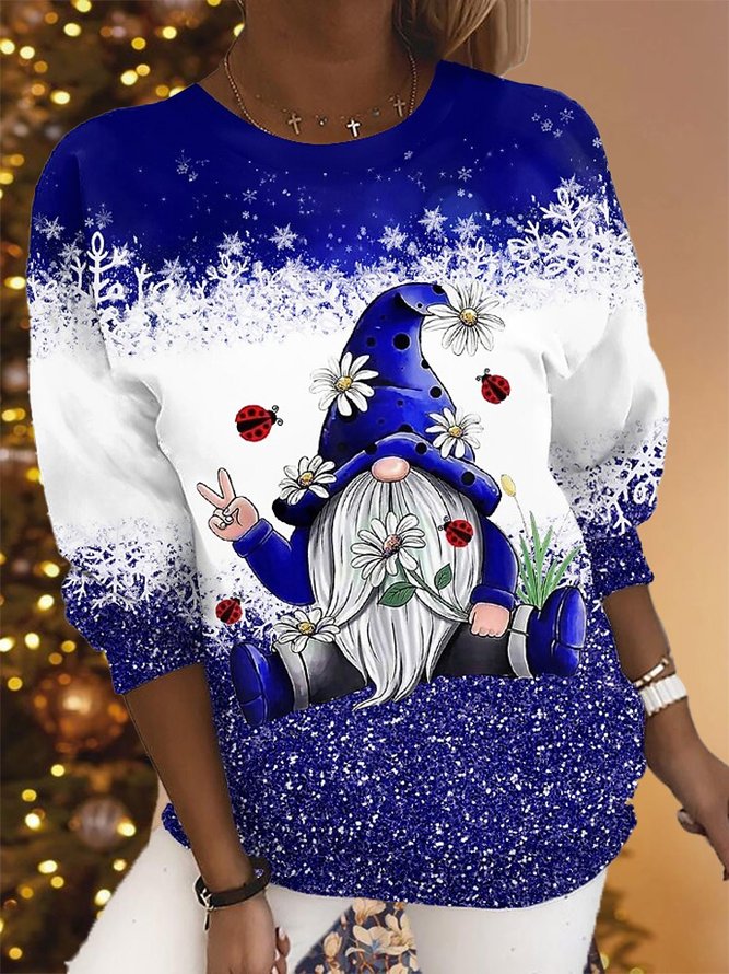 Women Christmas Funny Santa Claus Crew Neck Plain Blue Sweatshirt