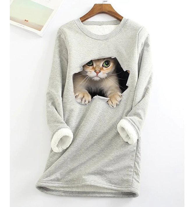 Casual Crew Neck Fluff/Granular fleece fabric Loose H-line Cat Sweatshirt
