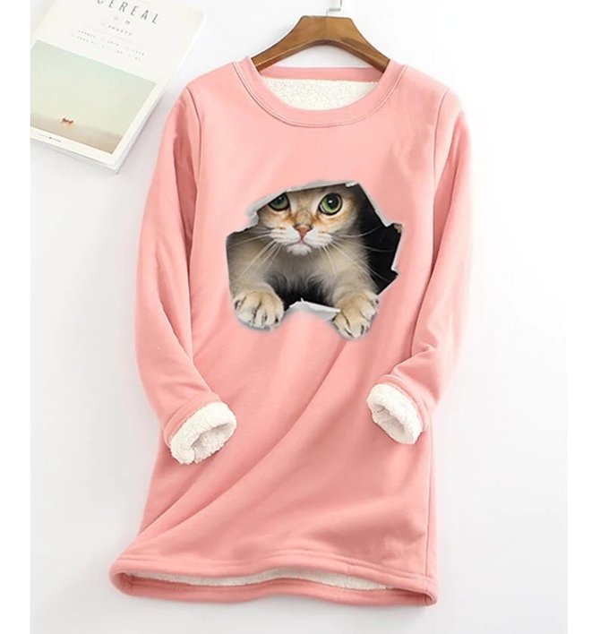 Casual Crew Neck Fluff/Granular fleece fabric Loose H-line Cat Sweatshirt