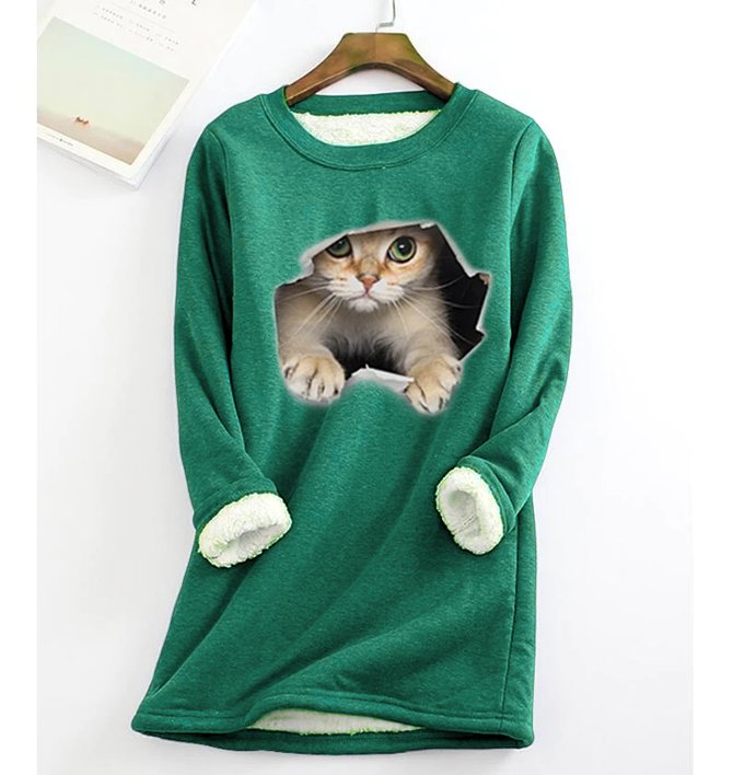 Casual Crew Neck Fluff/Granular fleece fabric Loose H-line Cat Sweatshirt