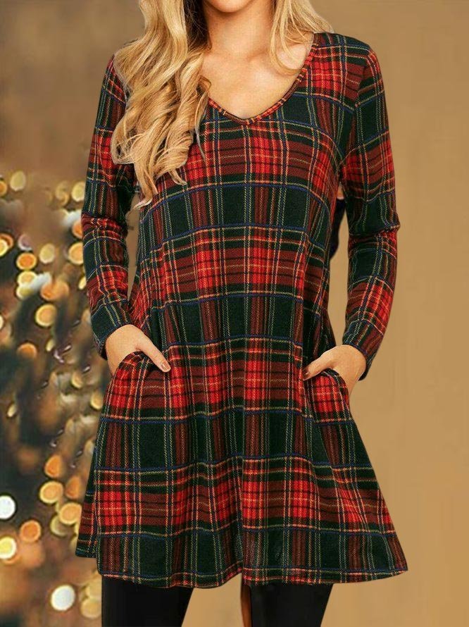 Women Christmas Plaid Print Loose Holiday Knee-Length V-Neck Sexy Dress