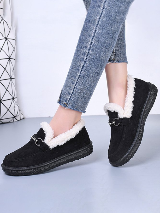 Womens's Plain Slip On Faux Fur Lined Flat Peas Shoes