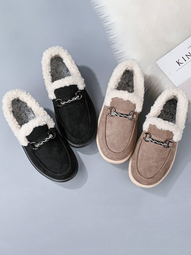 Womens's Plain Slip On Faux Fur Lined Flat Peas Shoes