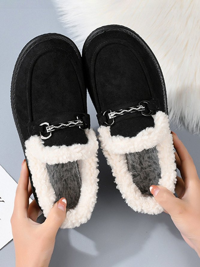 Womens's Plain Slip On Faux Fur Lined Flat Peas Shoes