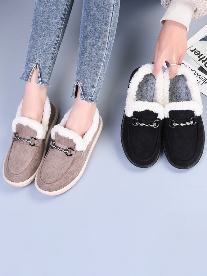 Womens's Plain Slip On Faux Fur Lined Flat Peas Shoes