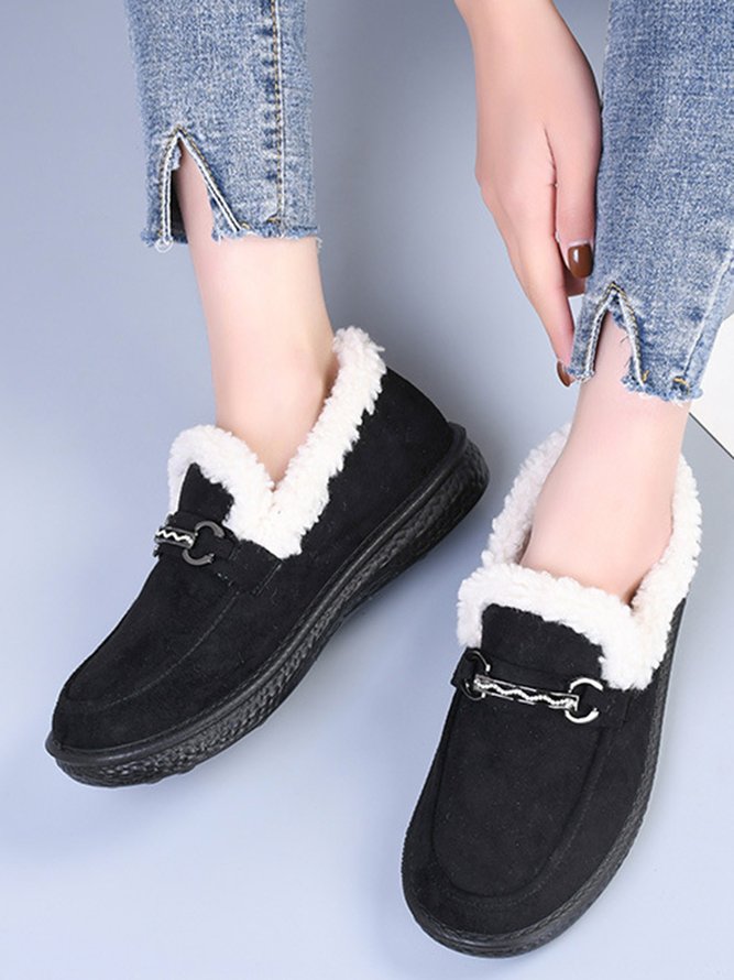 Womens's Plain Slip On Faux Fur Lined Flat Peas Shoes