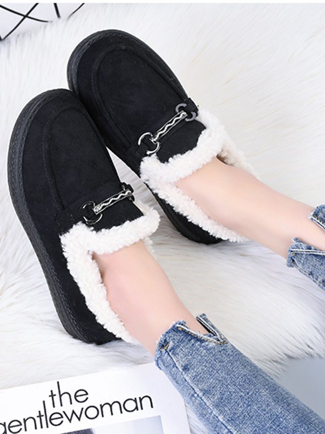 Womens's Plain Slip On Faux Fur Lined Flat Peas Shoes