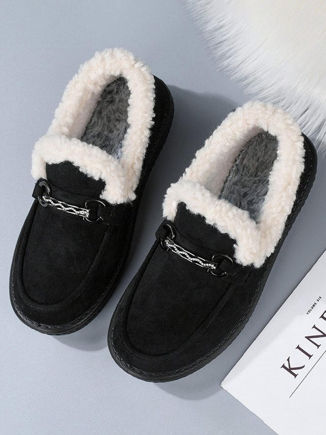 Womens's Plain Slip On Faux Fur Lined Flat Peas Shoes