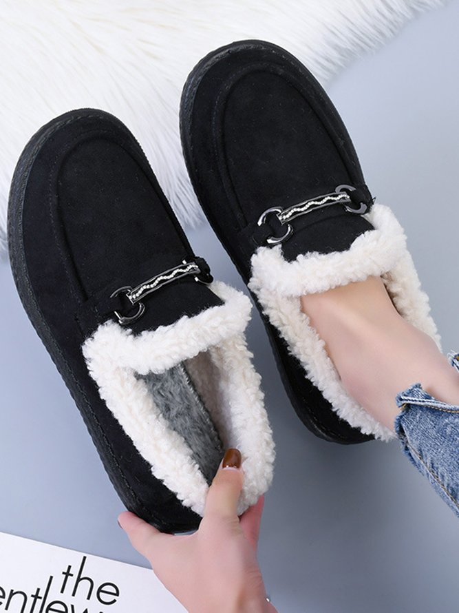 Womens's Plain Slip On Faux Fur Lined Flat Peas Shoes