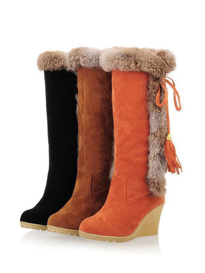 Women Plus Size Vintage Fringe Plush Warm Wedge Heel Block Heel Snow Boots