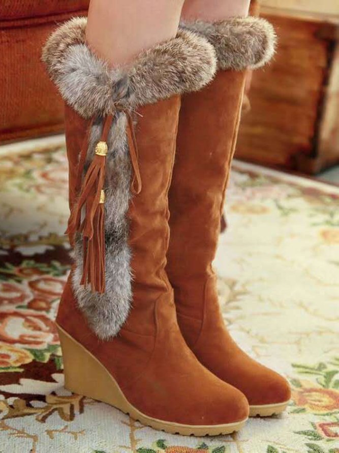 Women Plus Size Vintage Fringe Plush Warm Wedge Heel Block Heel Snow Boots