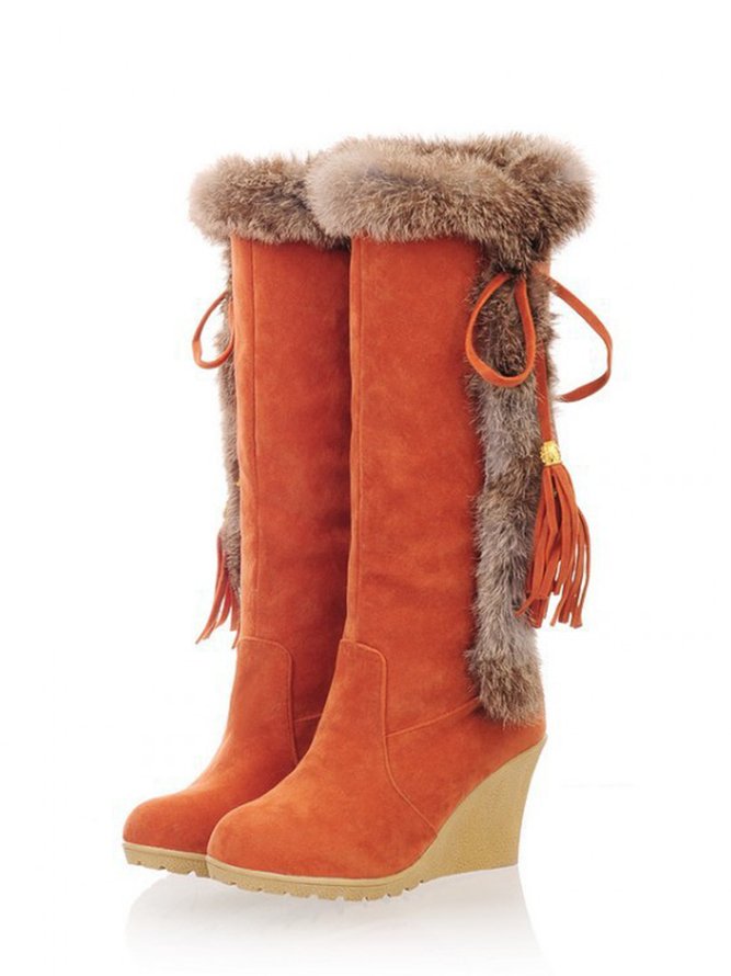 Women Plus Size Vintage Fringe Plush Warm Wedge Heel Block Heel Snow Boots