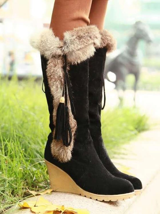 Women Plus Size Vintage Fringe Plush Warm Wedge Heel Block Heel Snow Boots