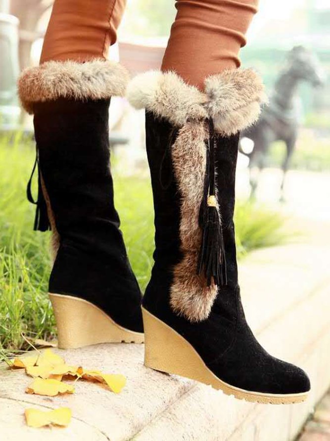 Women Plus Size Vintage Fringe Plush Warm Wedge Heel Block Heel Snow Boots