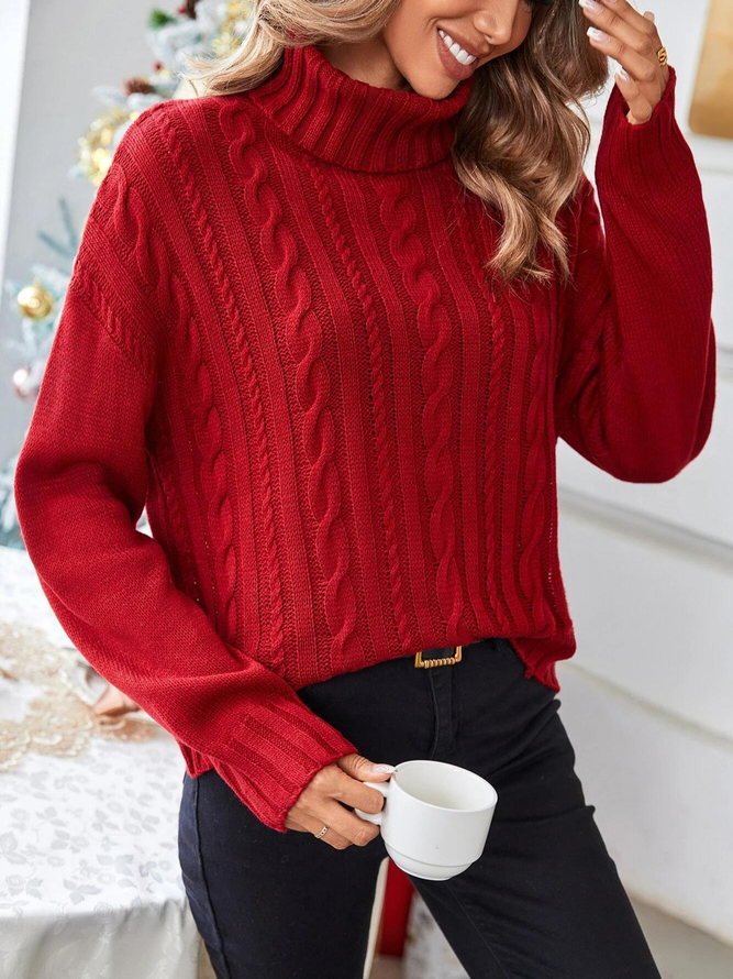 Women Christmas Plain Casual Turtleneck Cable Knit Drop Shoulder Red Sweater