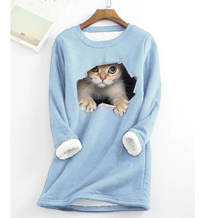 Casual Crew Neck Fluff/Granular fleece fabric Loose H-line Cat Sweatshirt