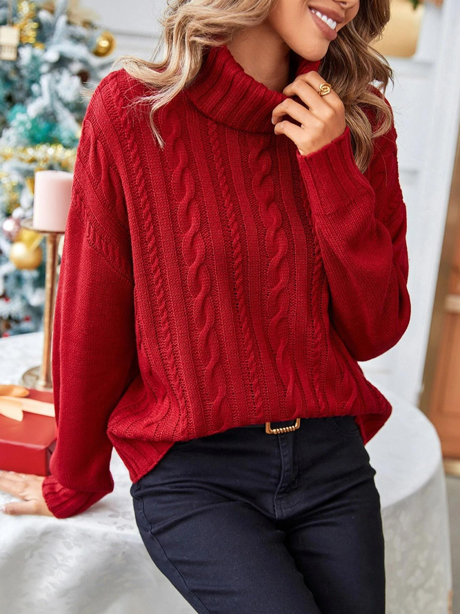 Women Christmas Plain Casual Turtleneck Cable Knit Drop Shoulder Red Sweater