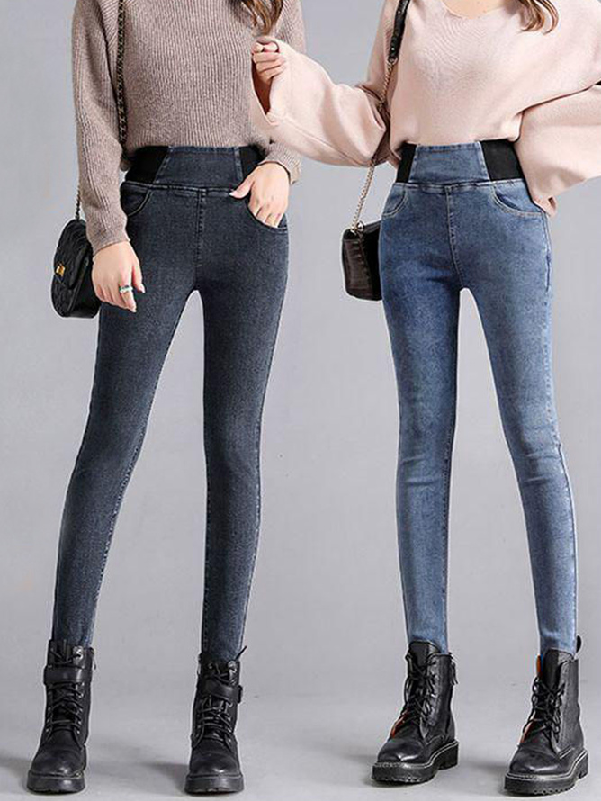 Women High Waist  Warmth Plain Denim Casual  Tight Thicken Leggings