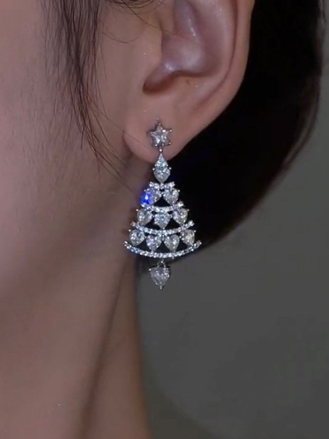 Banquet Party Silver Diamond Heart Earrings Christmas Tree Pattern Jewelry