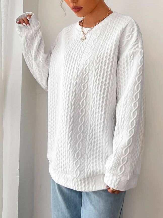 Geometric Loose Crew Neck Drop Shoulder Cable Textured Pullover Sweatshirt