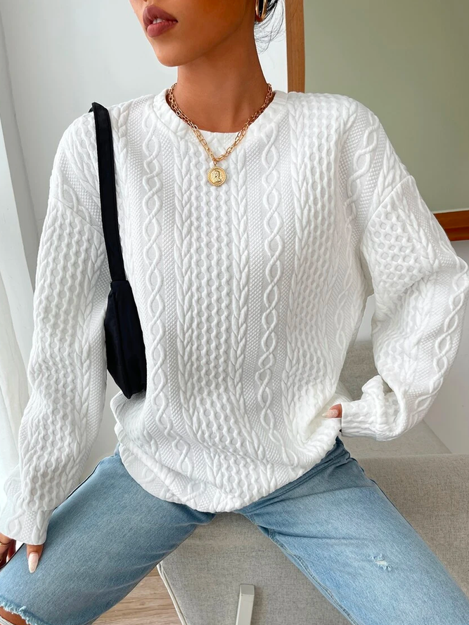 Geometric Loose Crew Neck Drop Shoulder Cable Textured Pullover Sweatshirt
