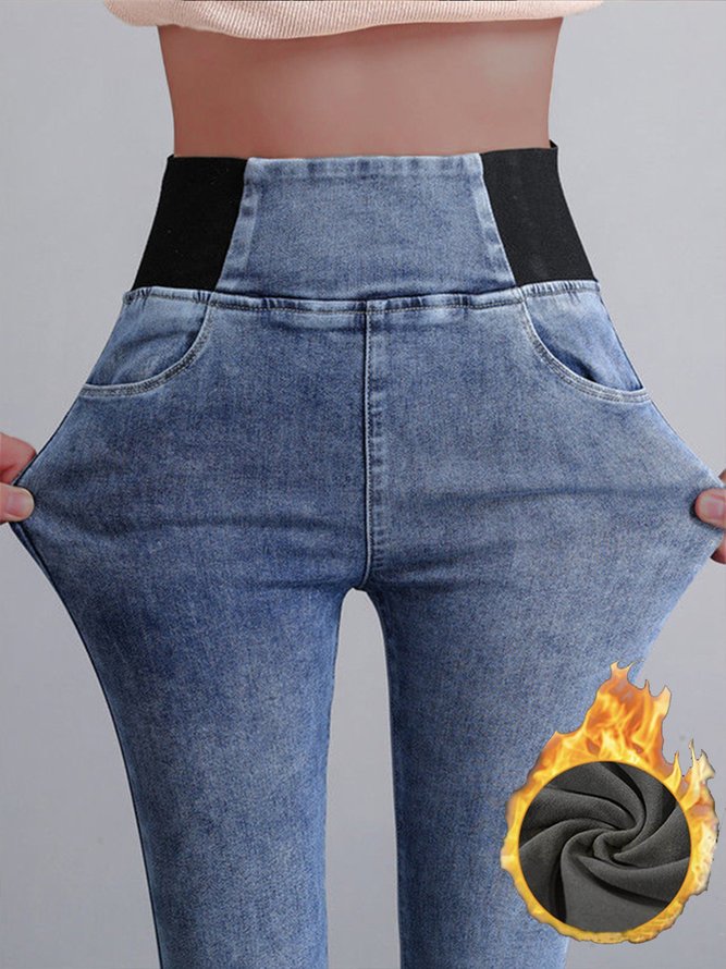 Women High Waist  Warmth Plain Denim Casual  Tight Thicken Leggings