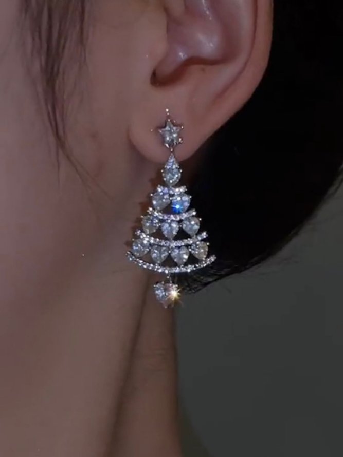Banquet Party Silver Diamond Heart Earrings Christmas Tree Pattern Jewelry