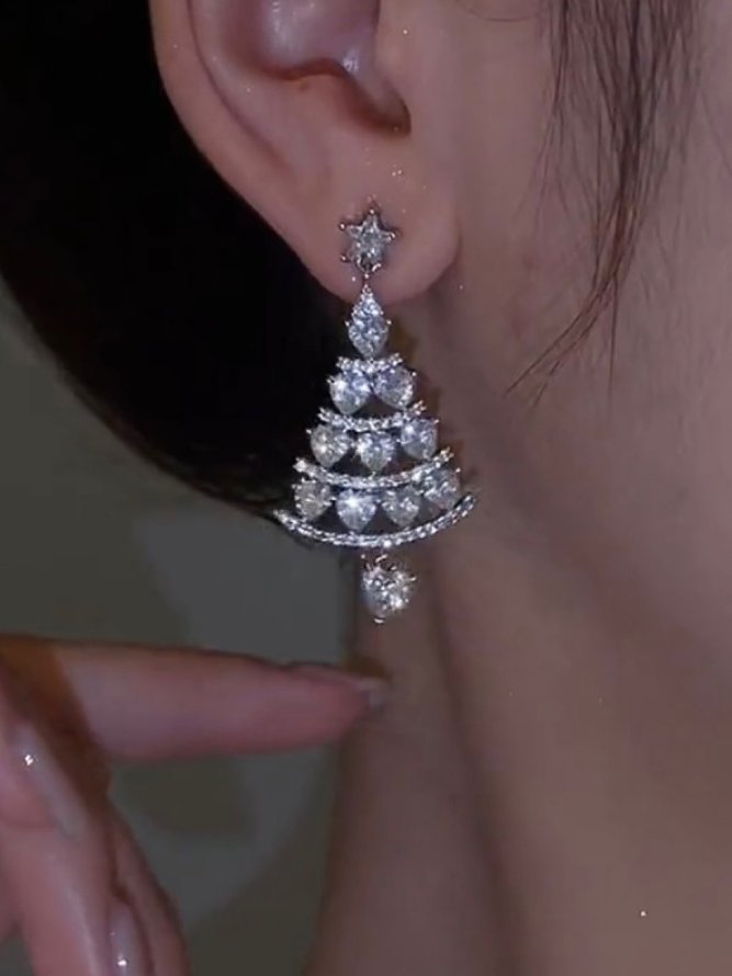 Banquet Party Silver Diamond Heart Earrings Christmas Tree Pattern Jewelry