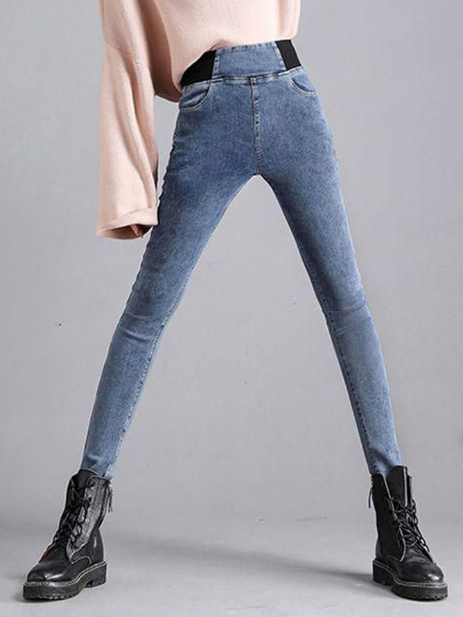 Women High Waist  Warmth Plain Denim Casual  Tight Thicken Leggings