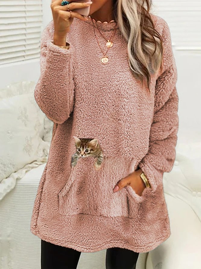 Plush Crew Neck Casual Cat Thermal Dress