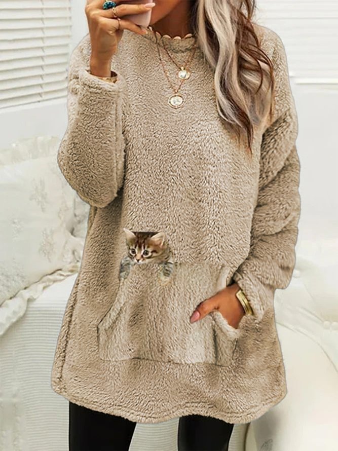 Plush Crew Neck Casual Cat Thermal Dress