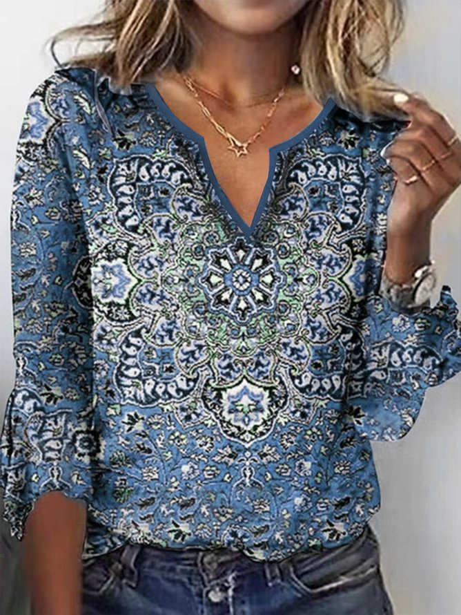 Women's  Red Geometric Printed Long Sleeve V Neck ethnic style t-shirt